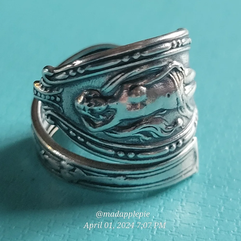 Vintage Sterling Silver Spoon Ring Goddess Woman Nude Handcrafted #134